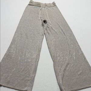 Ontwelfth Shimmering Sparkly Knit Wide-Leg Pants Silver Lace-Up Womens Small